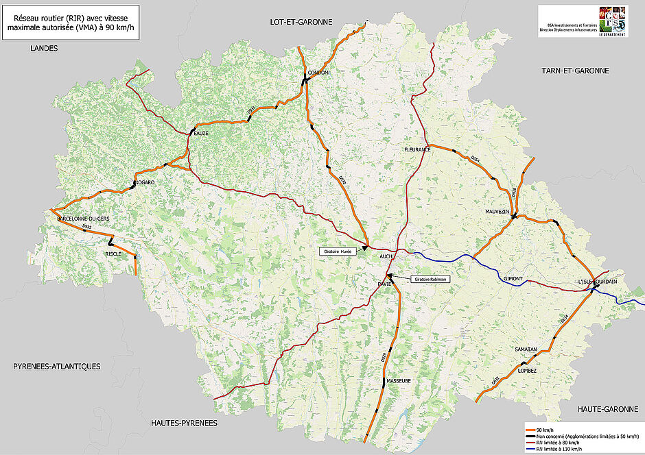Carte du réseau routier avec vitesse maximale autorisée à 90km/h - Agrandir l'image (fenêtre modale)